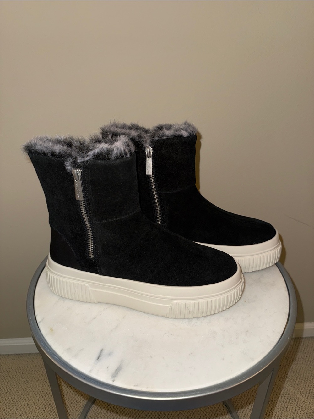 J Slides Black Suede Faux-Fur Trim Platform Zip Boots